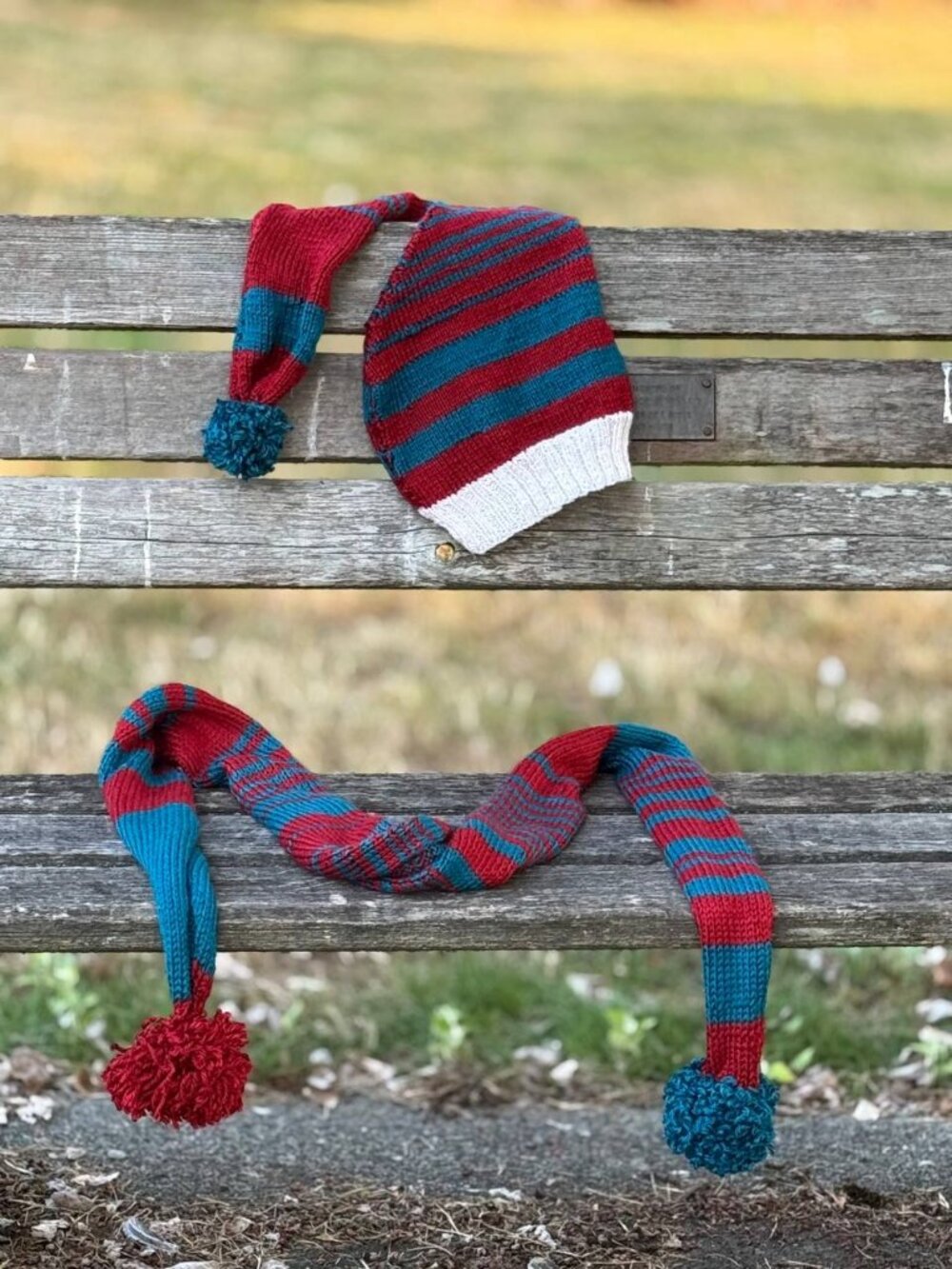 Handmade Striped Beanie and Scarf Set – Red, Teal, and White Winter Accessories